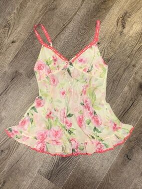 La SENZA Pink Yellow Green Mesh Rose Floral Slip Dress in Large with Lace Trim